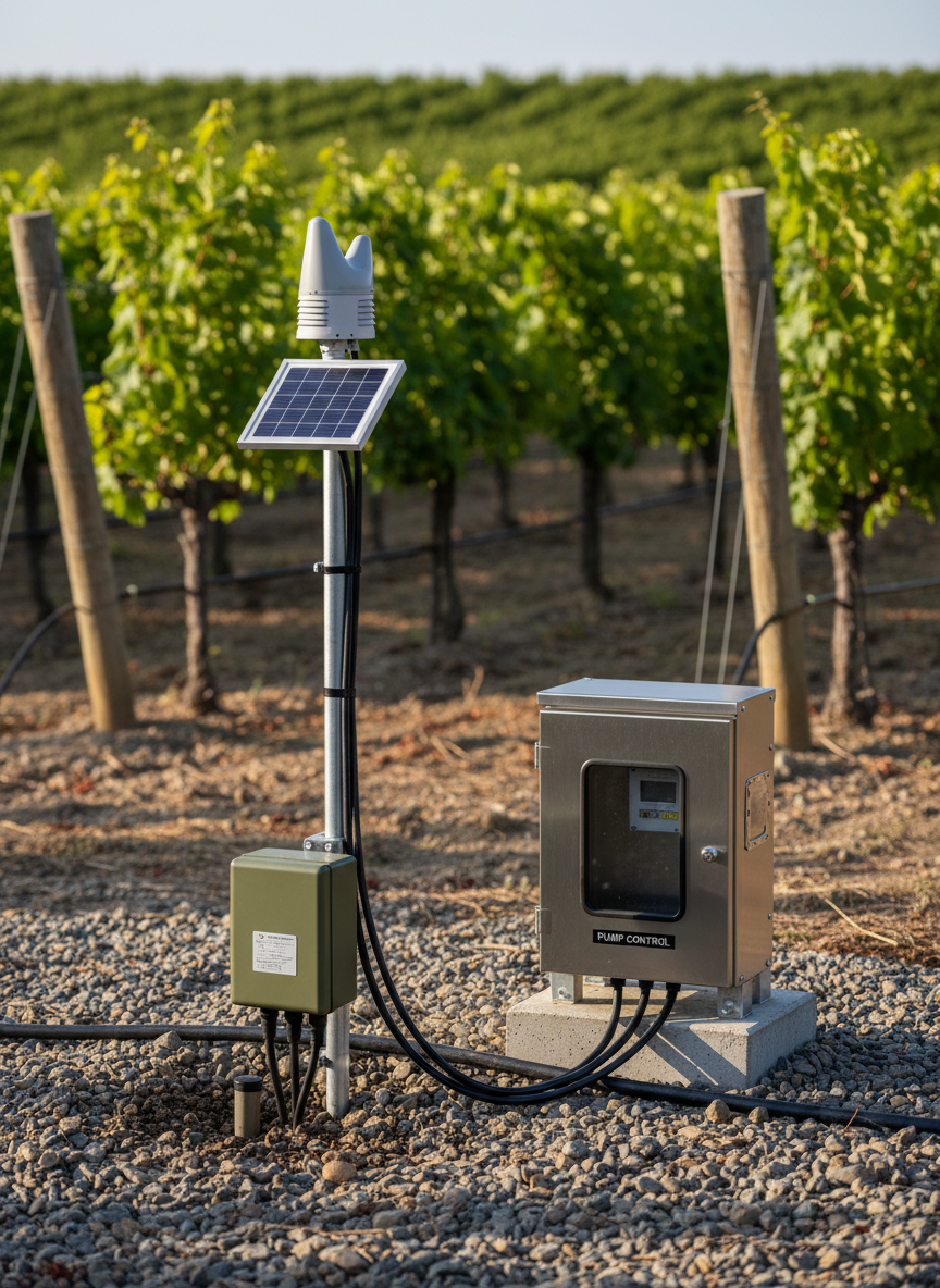 A set of rugged, IP-rated field instrumentation devices installed among vineyard rows: a compact weather station mast with ultrasonic anemometer, a soil moisture probe junction box, and a small stainless enclosure housing pump control electronics. They stand on a gravel equipment pad adjacent to buried irrigation lines, with trellised vines stretching into the softly blurred distance. Late afternoon sunlight washes across the scene, casting long, gentle shadows and bringing out the textures of brushed metal, painted housings, and UV-rated conduits. Shot from a low angle along the row, using shallow depth of field to keep the instrumentation crisp while the vines form a green, atmospheric backdrop. The photographic style is clean and realistic, evoking reliability, precision, and connection to the vineyard environment.
