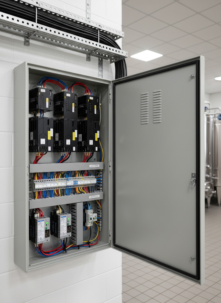 A close-up photographic view of a robust variable speed drive cabinet dedicated to winery pump control, its matte grey metal door open to reveal neatly arranged components inside. Colored control wiring is perfectly bundled, labeled terminals are clearly visible, and compact PLC modules glow with small status LEDs. The cabinet is mounted on a white-painted masonry wall in a spotless control room, with stainless cable trays running horizontally above. Neutral overhead lighting produces soft, shadow-free illumination, emphasizing order and attention to detail. Captured from a slightly angled perspective with moderate depth of field, the cabinet dominates the frame while background equipment gently falls out of focus. The mood is professional, calm, and highly engineered, highlighting the sophistication of pumping and automation solutions.