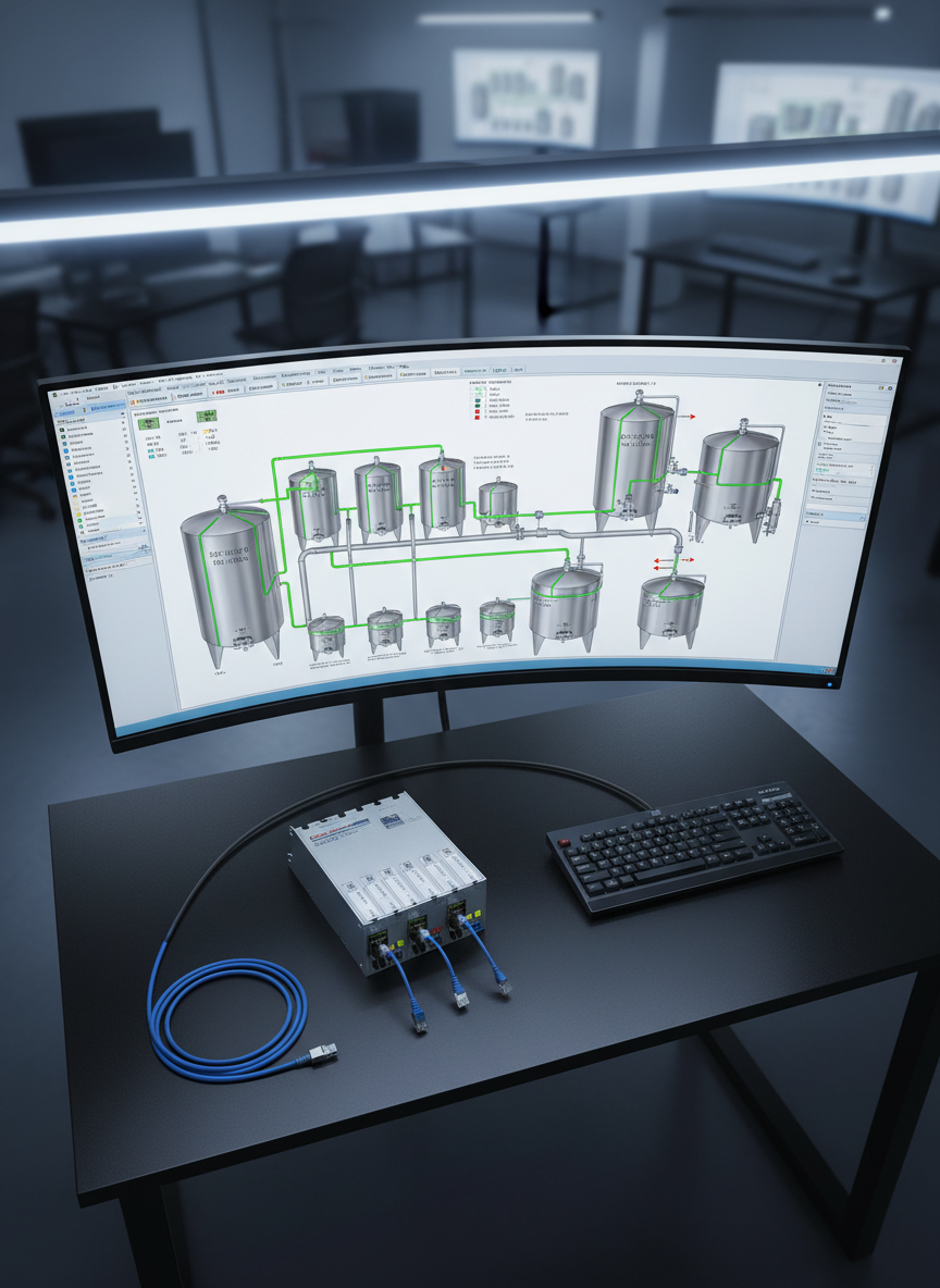 An overhead, photographic view of a winery SCADA workstation: a large ultrawide monitor displaying a detailed schematic of tank farm pumps, pipework, levels, and alarms rendered in clean industrial graphics. The screen sits on a matte black desk alongside a compact industrial PLC rack, labeled I/O modules, and a neatly coiled Ethernet patch cable. Soft, cool-toned LED task lighting highlights the glossy monitor surface and the subtle texture of the desk, while the rest of the control room fades into understated blur. The composition emphasizes the monitor in the upper third of the frame, with supporting hardware anchoring the lower section. The atmosphere feels controlled, analytical, and modern, visually communicating centralized monitoring, automation, and precise control for viticulture and winery operations.